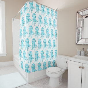 Bright Blue Tribal Pattern Jellyfish Art Shower Curtain