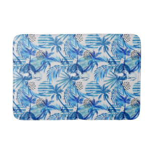 Bright Blue Tropical Watercolor Pattern Bath Mat