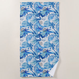 Bright Blue Tropical Watercolor Pattern Beach Towel