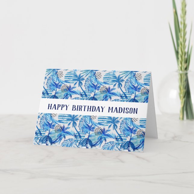 Bright Blue Tropical Watercolor Pattern Card (Front)