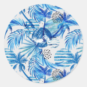 Bright Blue Tropical Watercolor Pattern Classic Round Sticker