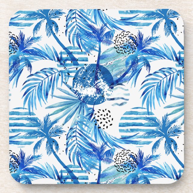Bright Blue Tropical Watercolor Pattern Coaster (Front)