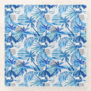 Bright Blue Tropical Watercolor Pattern Glass Coaster
