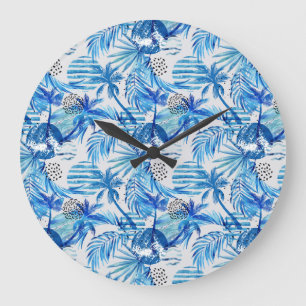 Bright Blue Tropical Watercolor Pattern Large Clock