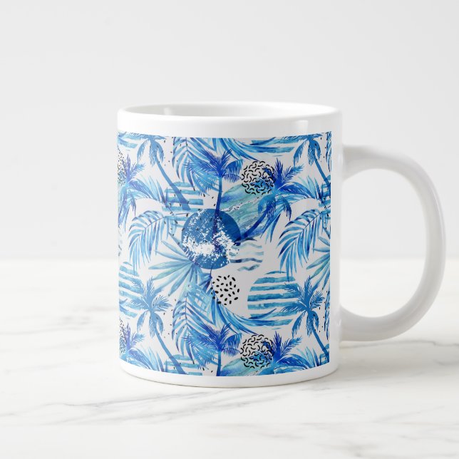 Bright Blue Tropical Watercolor Pattern Large Coffee Mug (Right)