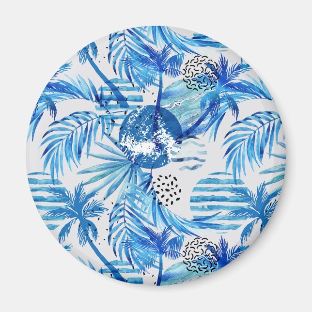 Bright Blue Tropical Watercolor Pattern Magnet (Front)