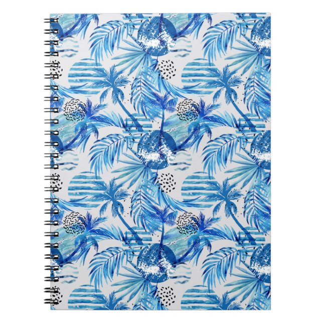 Bright Blue Tropical Watercolor Pattern Notebook (Front)
