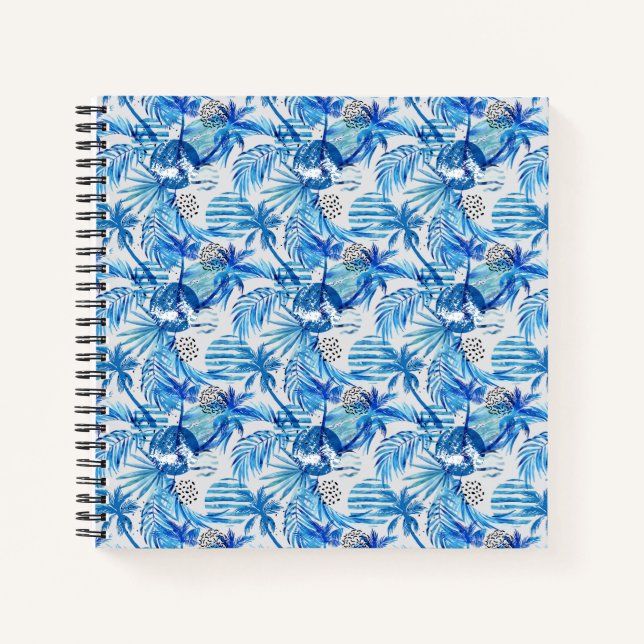 Bright Blue Tropical Watercolor Pattern Notebook (Front)