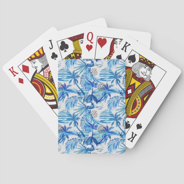 Bright Blue Tropical Watercolor Pattern Playing Cards (Back)