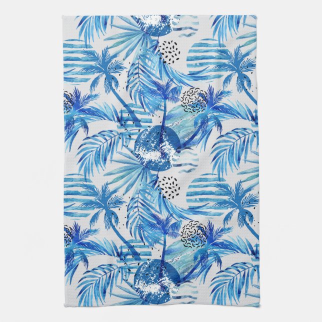 Bright Blue Tropical Watercolor Pattern Tea Towel (Vertical)