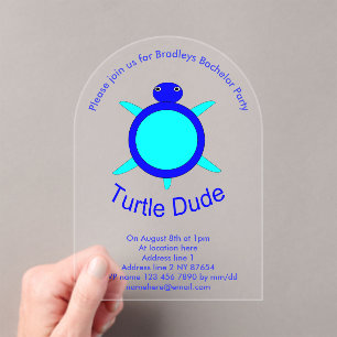 Bright Blue Turtle Dude Custom Bachelor Party Acrylic Invitations