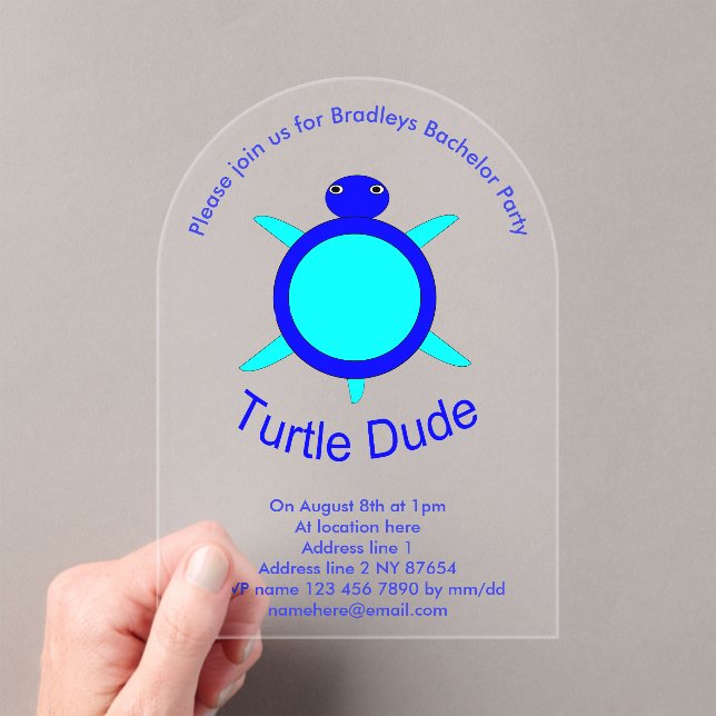 Bright Blue Turtle Dude Custom Bachelor Party Acrylic Invitations (Insitu (Handheld))