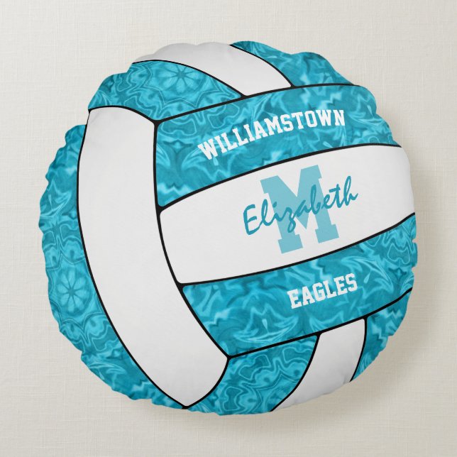 bright blue volleyball girls sports room decor round cushion (Front)