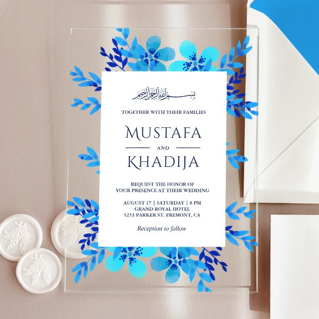 Bright Blue Watercolor Floral Islamic Wedding Acrylic Invitations (Creator Uploaded)