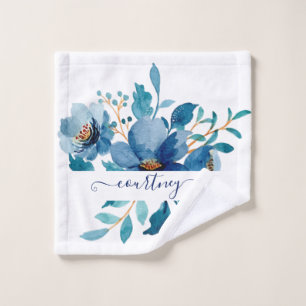 Bright blue watercolor floral personalised bath towel set