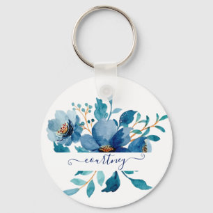 Bright blue watercolor floral personalised   key ring