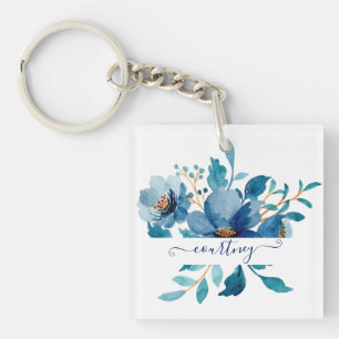 Bright blue watercolor floral personalised   key ring