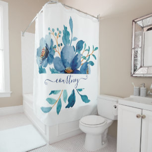 Bright blue watercolor floral personalised shower curtain