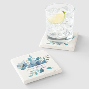 Bright blue watercolor floral personalised   stone coaster