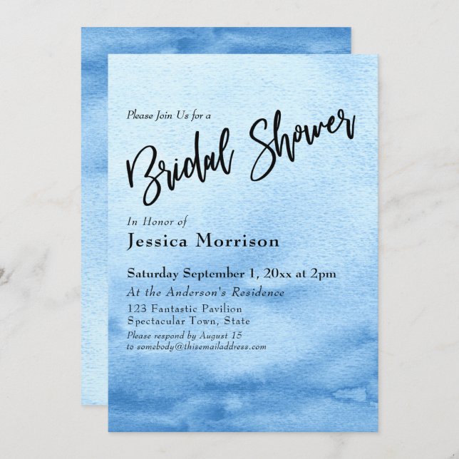 Bright Blue Watercolor Ombre Bridal Shower Invitation (Front/Back)