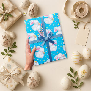Bright Blue Whimsical Bunny Egg Easter  Wrapping Paper