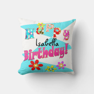 Bright blue white pink kids fun flowers cartoon bi cushion