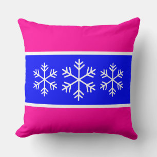Bright Blue White Pink Stripes Alpine Snowflakes Cushion