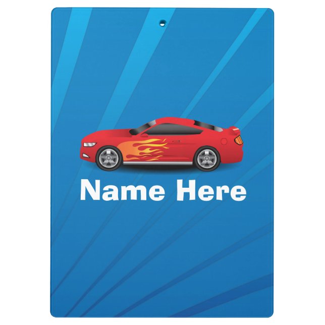 Bright Blue with Red Sports Car Flames Kids Boys Clipboard (Back)
