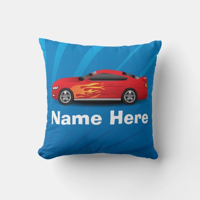 Bright Blue with Red Sports Car Flames Kids Boys Cushion (Front)