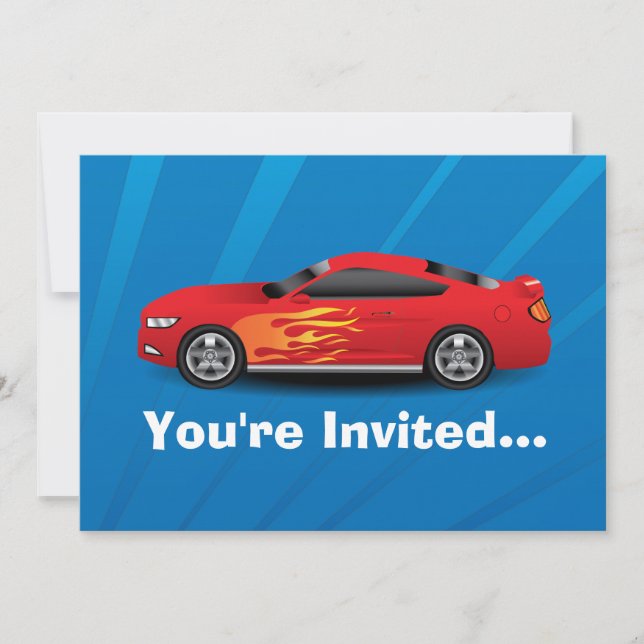 Bright Blue with Red Sports Car Flames Kids Boys Invitation (Front)