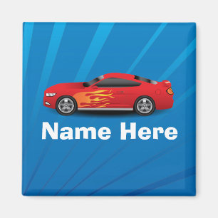 Bright Blue with Red Sports Car Flames Kids Boys Magnet