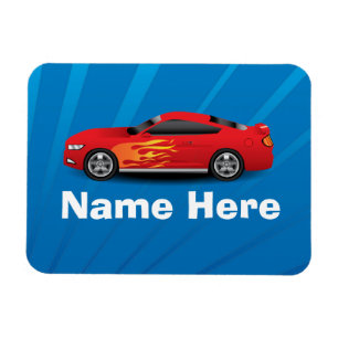 Bright Blue with Red Sports Car Flames Kids Boys Magnet