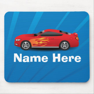 Bright Blue with Red Sports Car Flames Kids Boys Mouse Pad