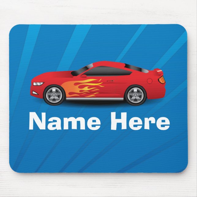 Bright Blue with Red Sports Car Flames Kids Boys Mouse Pad (Front)