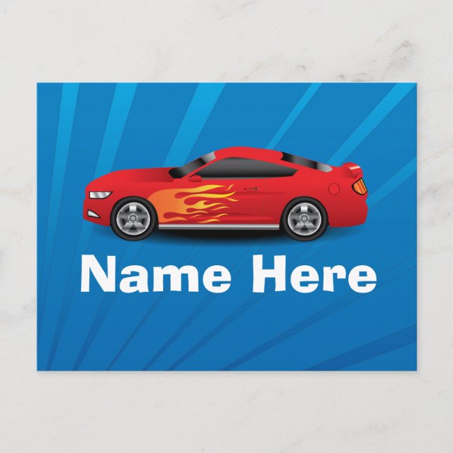 Bright Blue with Red Sports Car Flames Kids Boys Postcard (Front)