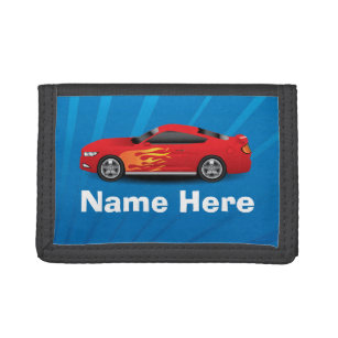 Bright Blue with Red Sports Car Flames Kids Boys Trifold Wallet
