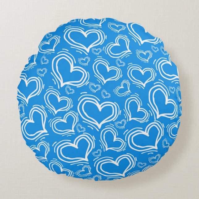 BRIGHT BLUE WITH WHITE HEARTS AND FLOWERS ROUND CUSHION (Front)