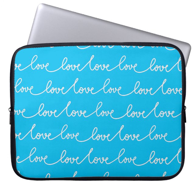BRIGHT BLUE WITH WHITE LOVE SCRIPT LAPTOP SLEEVE (Front)