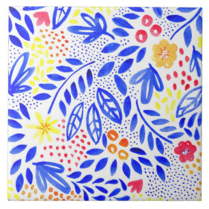 Bright Blue Yellow Floral Garden Pattern Tile