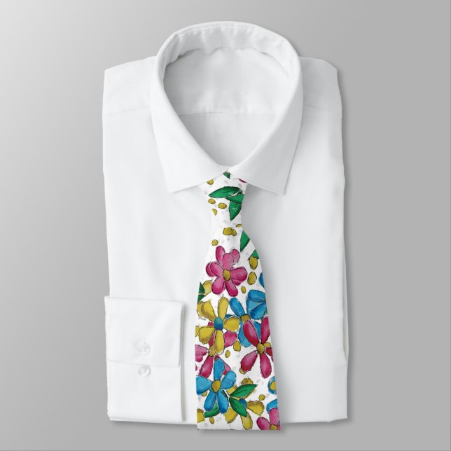 Bright Blue Yellow Hot Pink Summer Floral Pattern Tie (Tied)