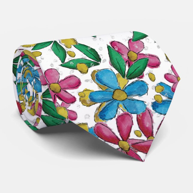 Bright Blue Yellow Hot Pink Summer Floral Pattern Tie (Rolled)