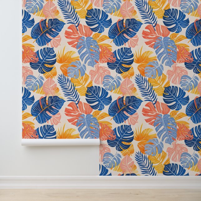 Bright Blue Yellow Summer Tropical Palm Leaves Wallpaper (Application)