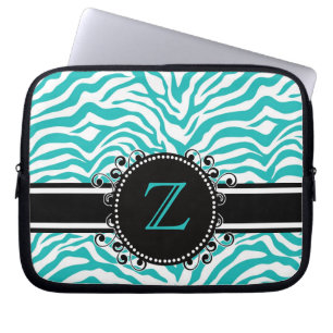 Bright Blue Zebra Print with Ribbon & Monogram Laptop Sleeve