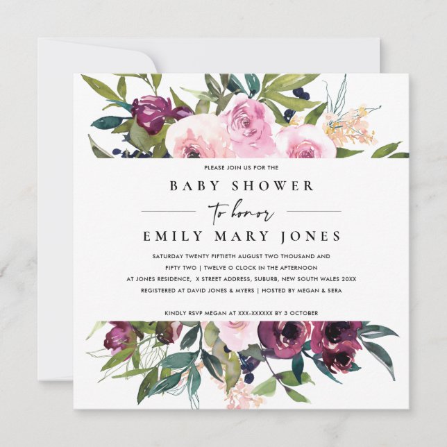 BRIGHT BLUSH BURGUNDY FLORAL BUNCH BABY SHOWER INVITATION (Front)