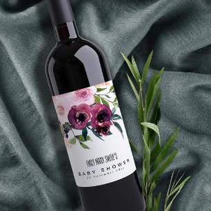 BRIGHT BLUSH BURGUNDY FLORAL BUNCH BABY SHOWER WINE LABEL