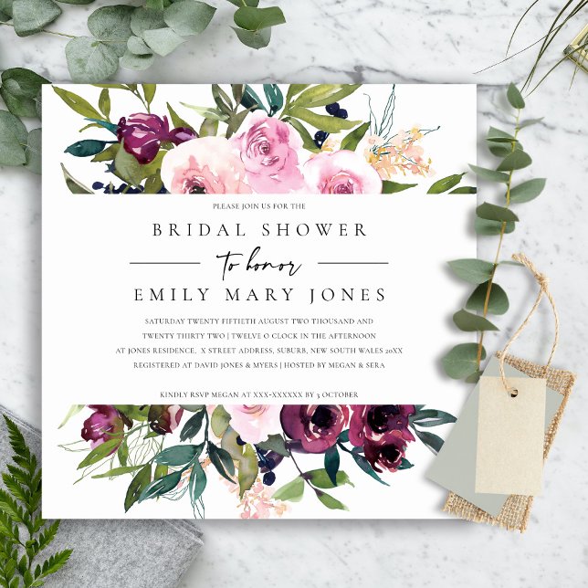 BRIGHT BLUSH BURGUNDY FLORAL BUNCH BRIDAL SHOWER INVITATION (Creator Uploaded)