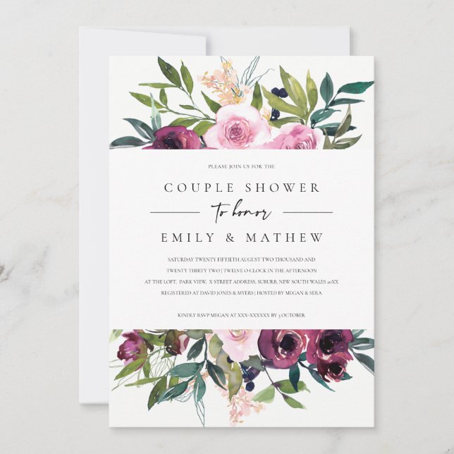 BRIGHT BLUSH BURGUNDY FLORAL BUNCH COUPLE SHOWER INVITATION (Front)