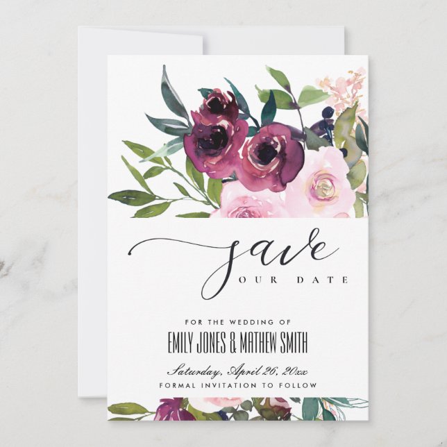 BRIGHT BLUSH BURGUNDY FLORAL BUNCH WEDDING SAVE THE DATE (Front)