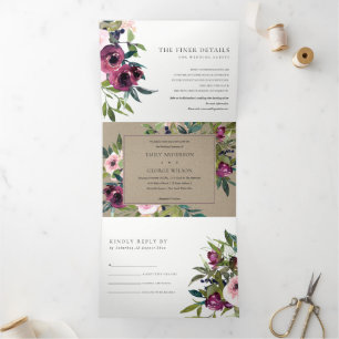 BRIGHT BLUSH BURGUNDY KRAFT FLORAL BUNCH WEDDING Tri-Fold INVITATION