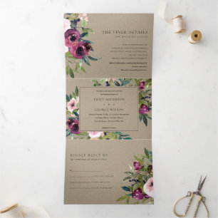 BRIGHT BLUSH BURGUNDY KRAFT FLORAL BUNCH WEDDING Tri-Fold INVITATION